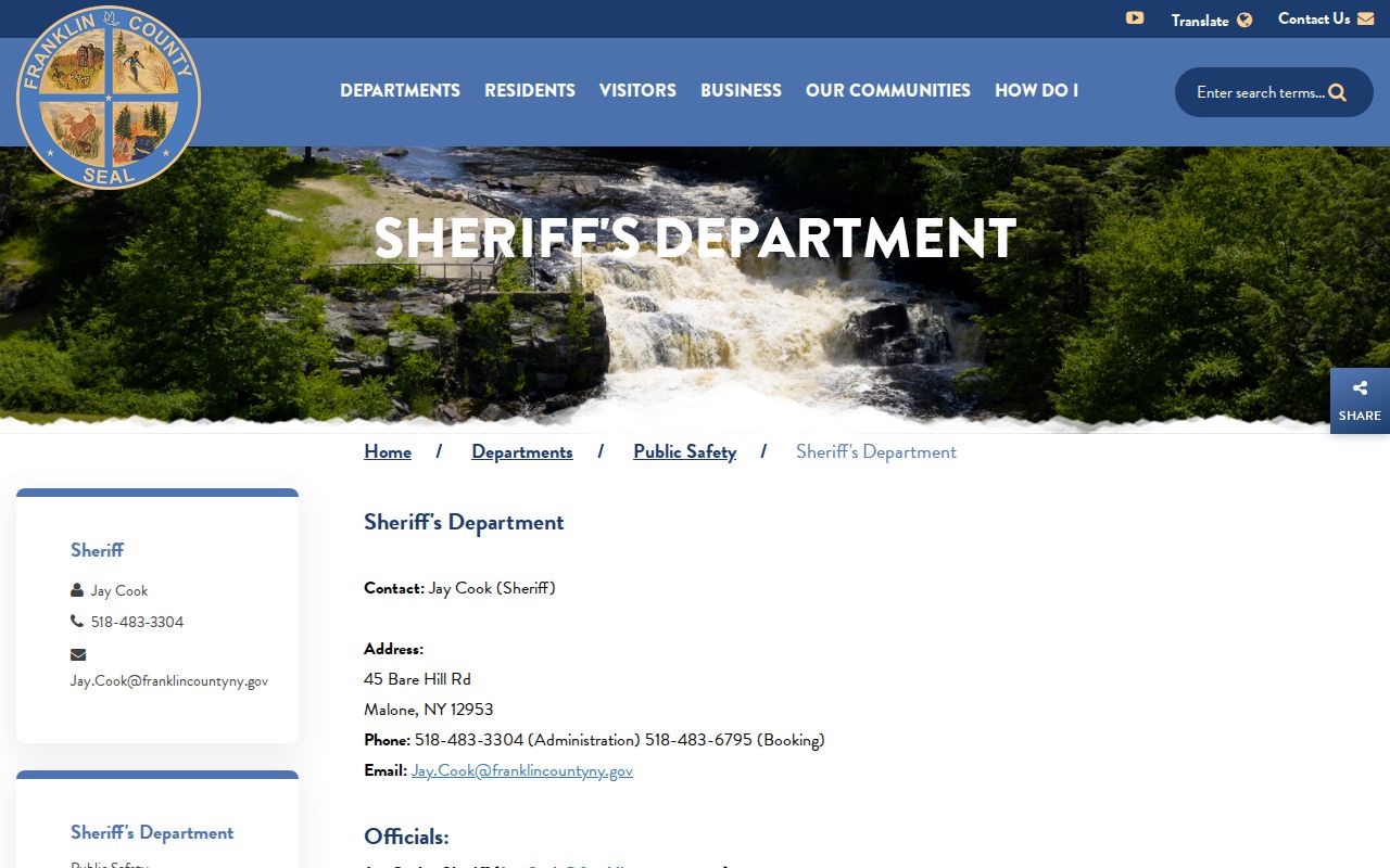 Franklin County Sheriff booking-record contact page